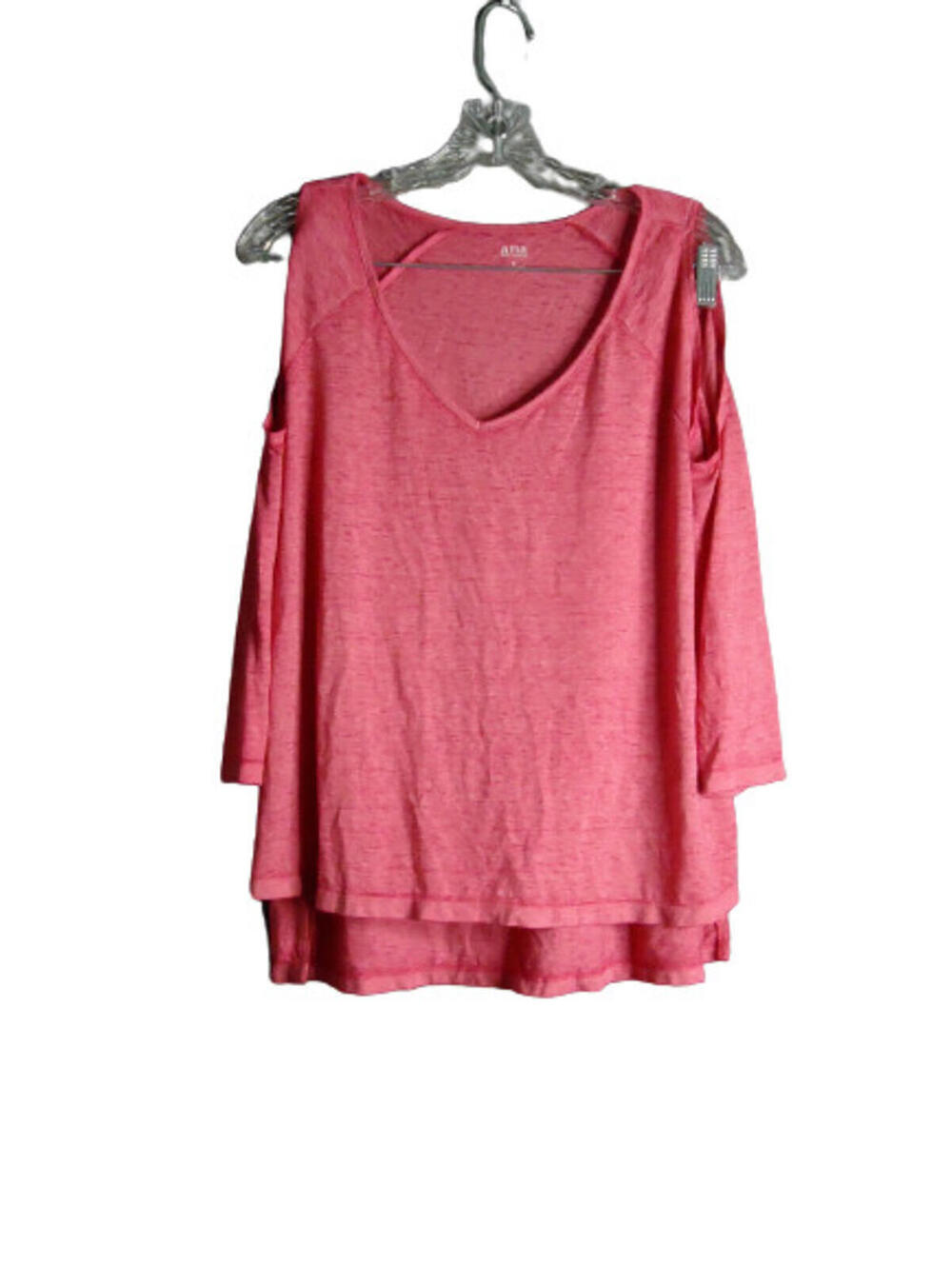 ANA Semi Sheer Cold Shoulder V Neck Blouse Women Large Heathered Lush Pink Berry